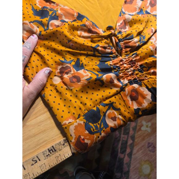 Free People Mustard Yellow Floral Long Sleeve Knee Length Dress Size 4 Elastic - Picture 9 of 15